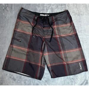 Rusty VTG Plaid Board Shorts Men Swim Trunks Black Red Drawstring Zip Pocket Y2K